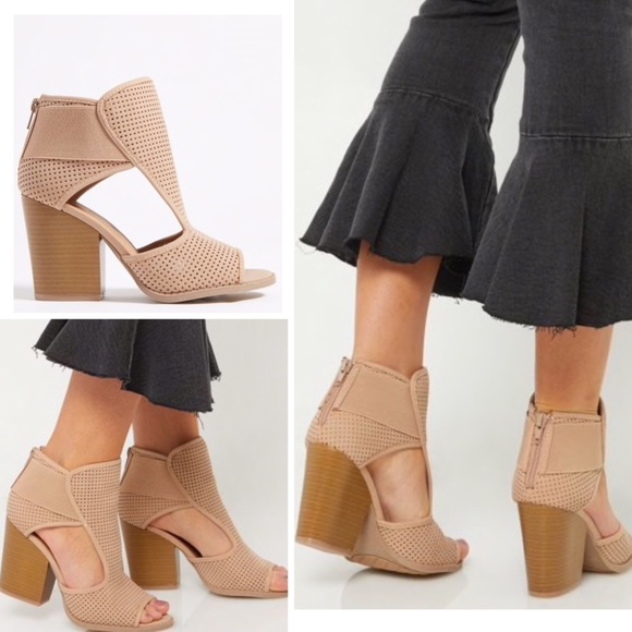 Qupid Shoes - Nude/Taupe Perforated Open-Toe Booties